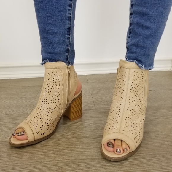 Taupe Laser cut Design Open Toe  Ankle Boots - Picture 3 of 7